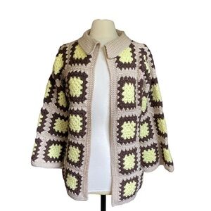 Granny Square Knit Crochet Open Front Collared Cardigan Sweater Hand Made